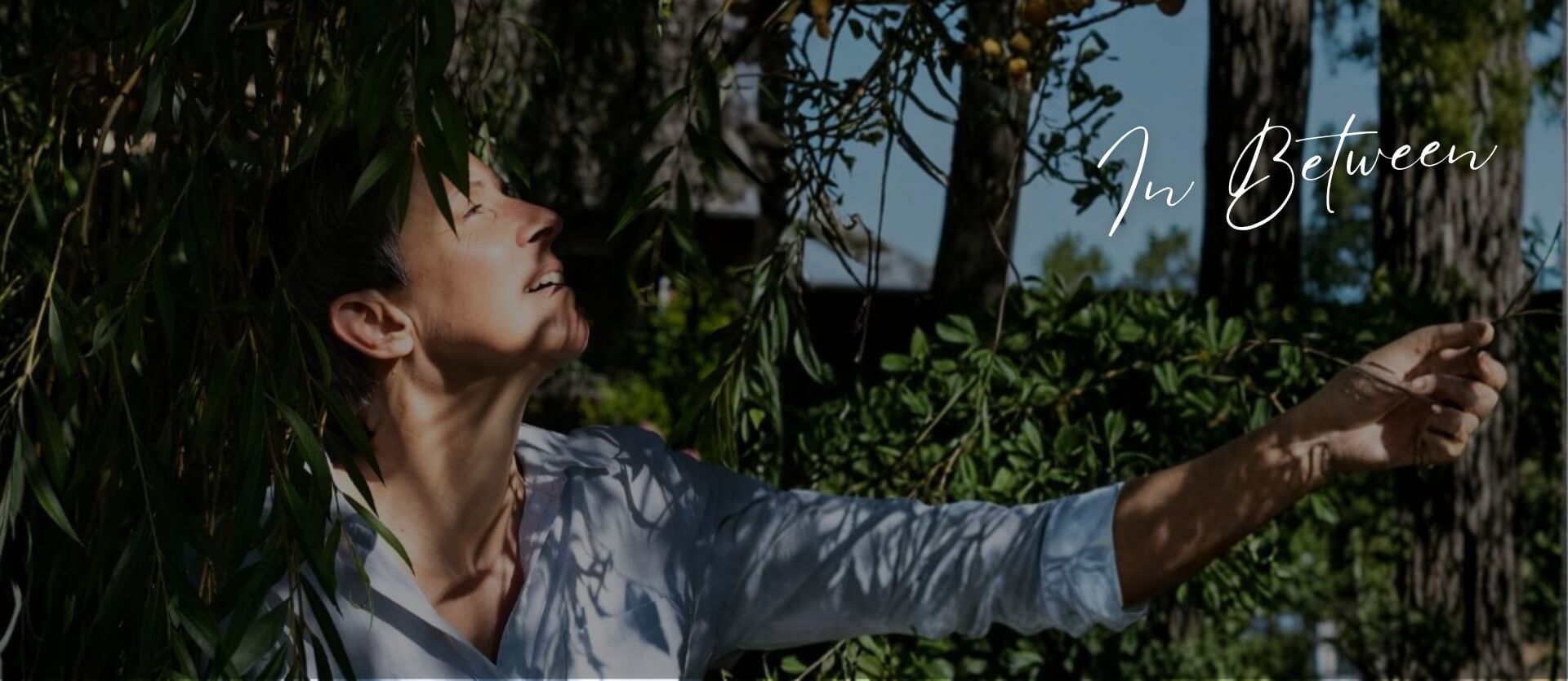 Doris Hönig steht unter einer Hängeweide; Schriftzug In Between als Einladung zum Erfahrungsraum.