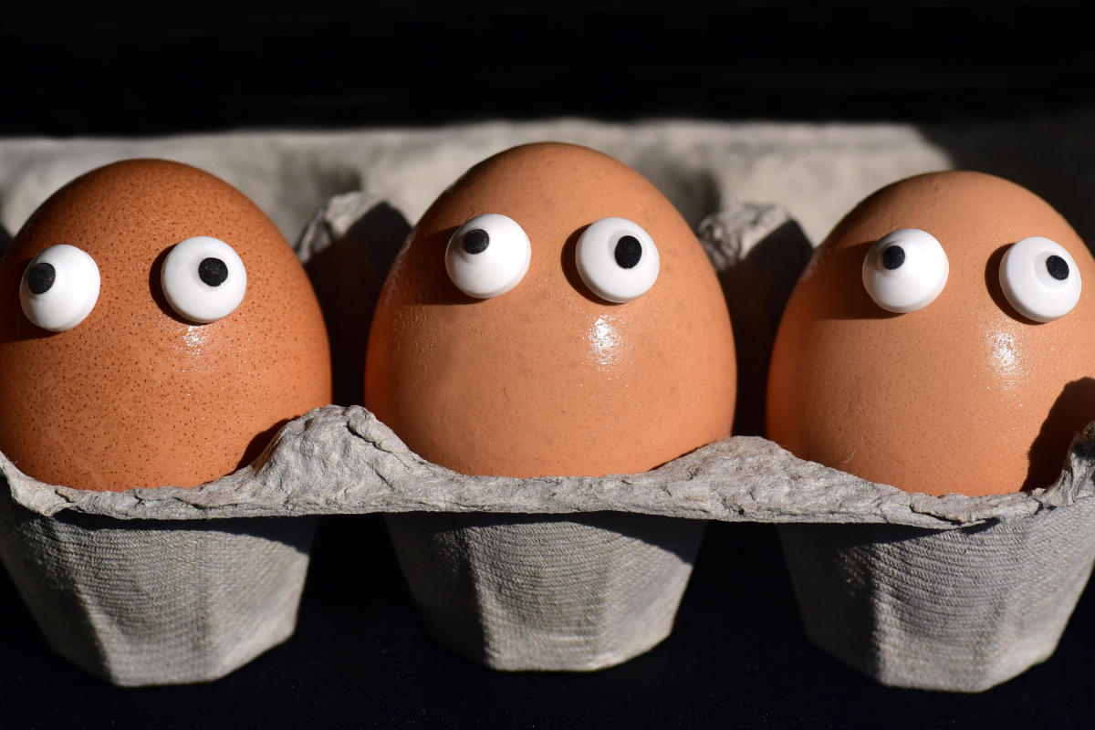 Eier mit Augen in einer Schachtel – Symbol für Schutz und Beobachtung