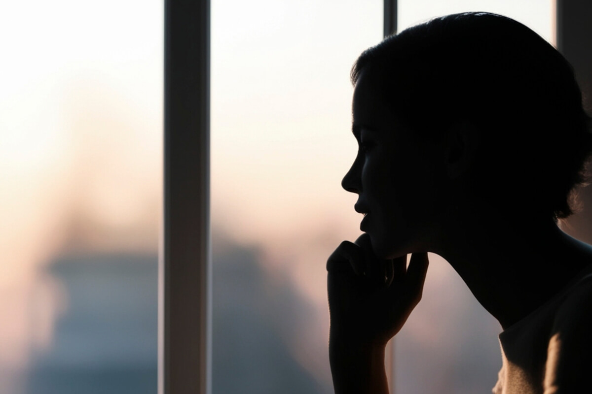 Innerer Frieden statt Perfektion Nachdenkliche Frau am Fenster als Symbol für innere Prozesse und Selbstreflexion.